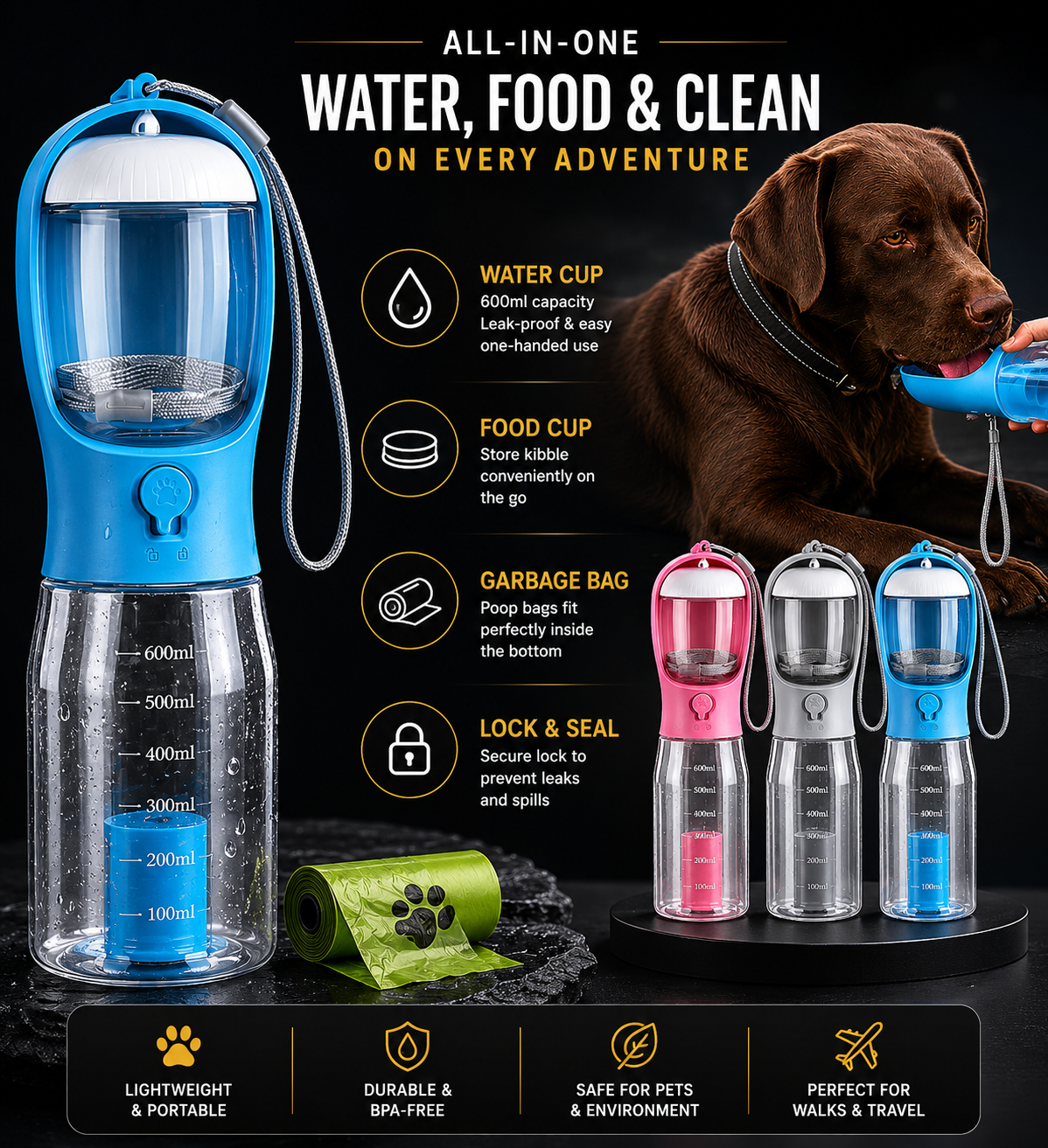 Vantare Travel Bottle for Dogs – Water, Food & Waste Bags in One