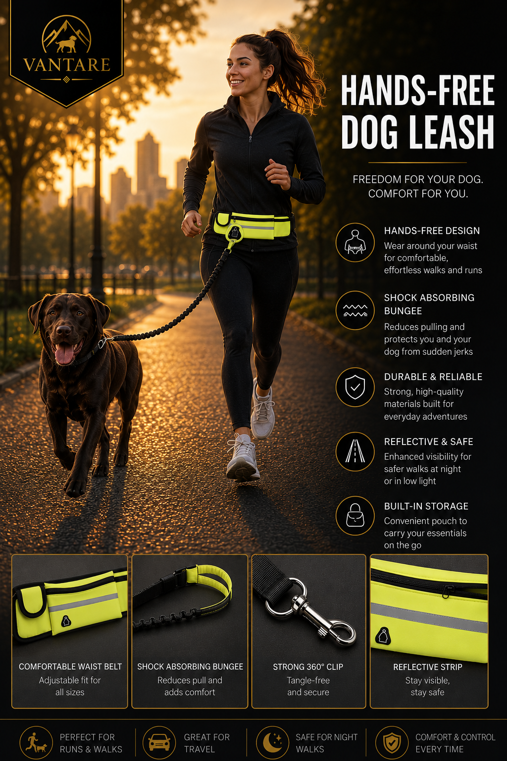 Vantare Hands-Free FlexControl Reflective Leash